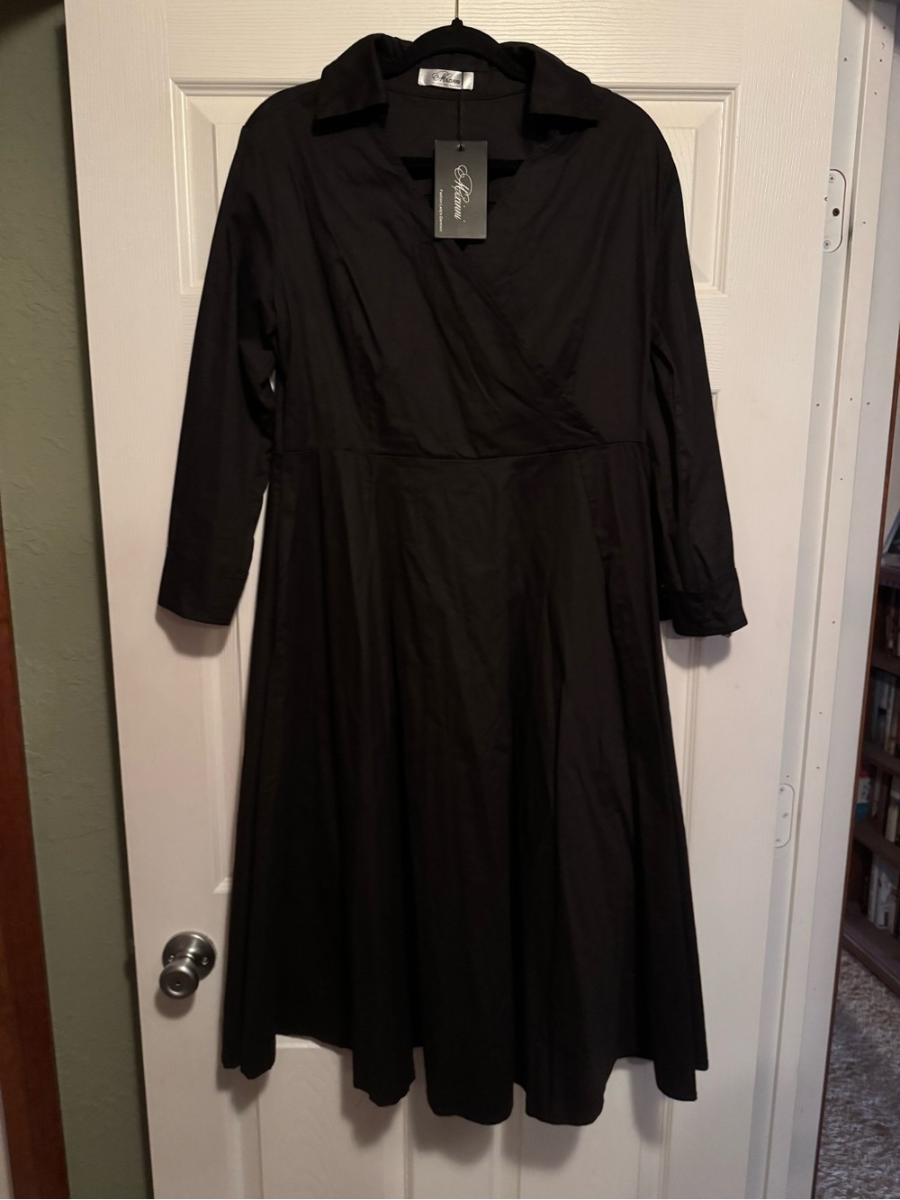 NWT Mixinni Classic Black Cotton Collared Midi Dress w/ 3/4 sleeves full skirt